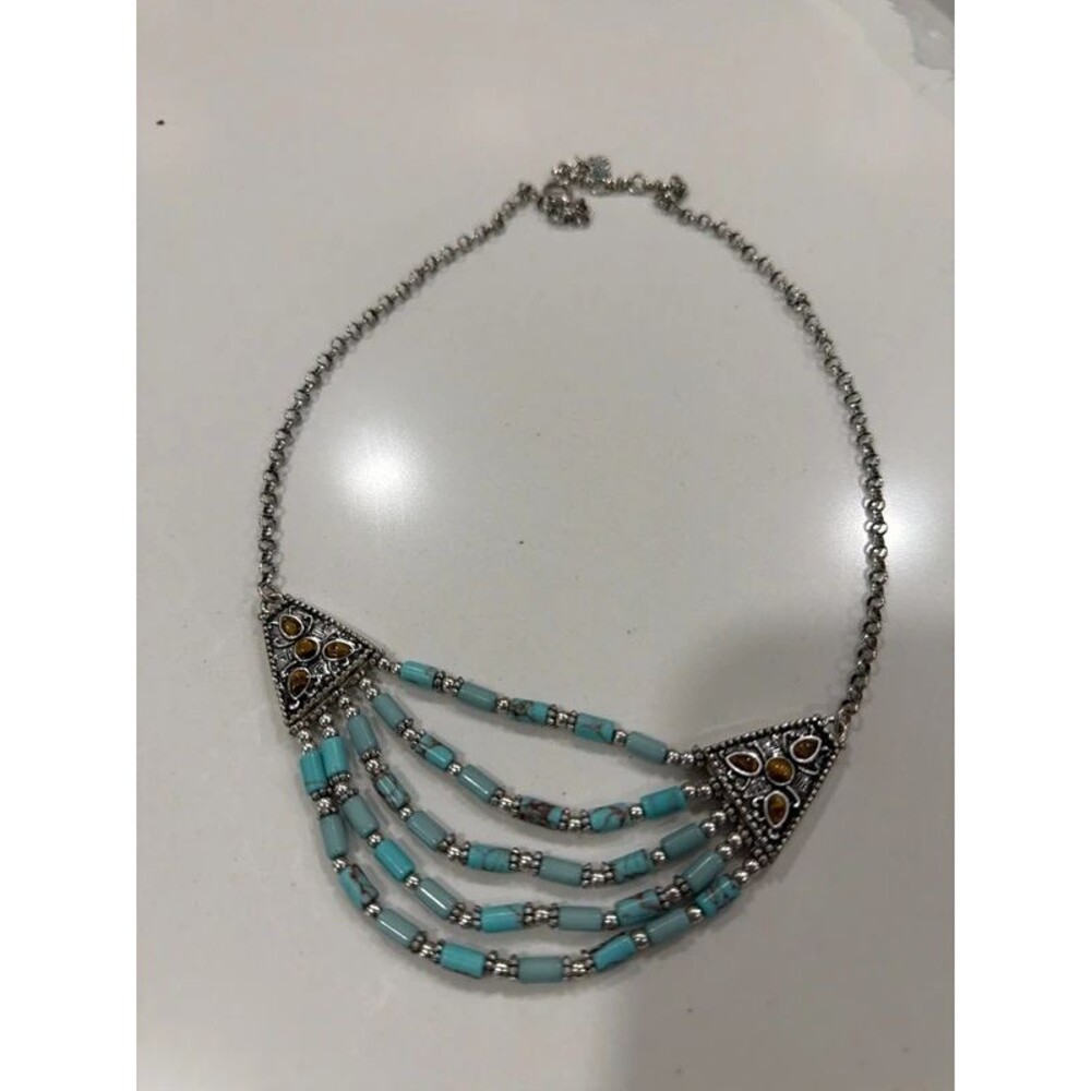 Lucky Brand Western Country Silver tone turquoise tigers eye statement necklace